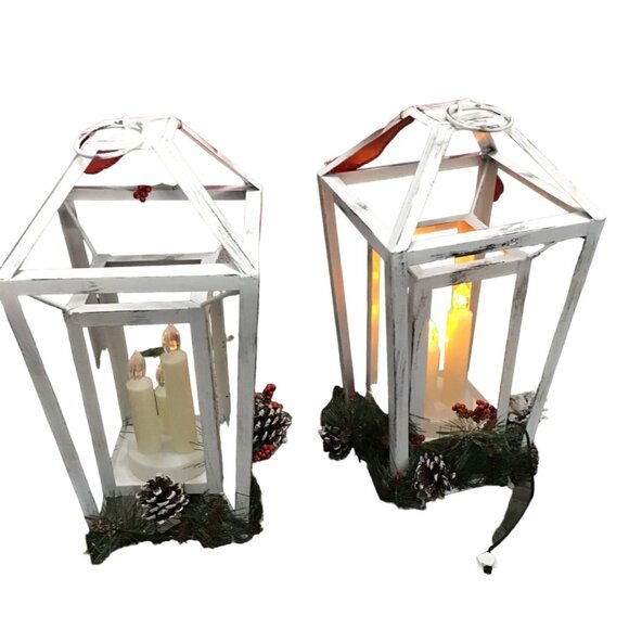 SET OF 2 - WHITE RUSTIC CHRISTMAS LANTERN CENTERPIECE BATTERY OPERATED - Picture 5 of 8